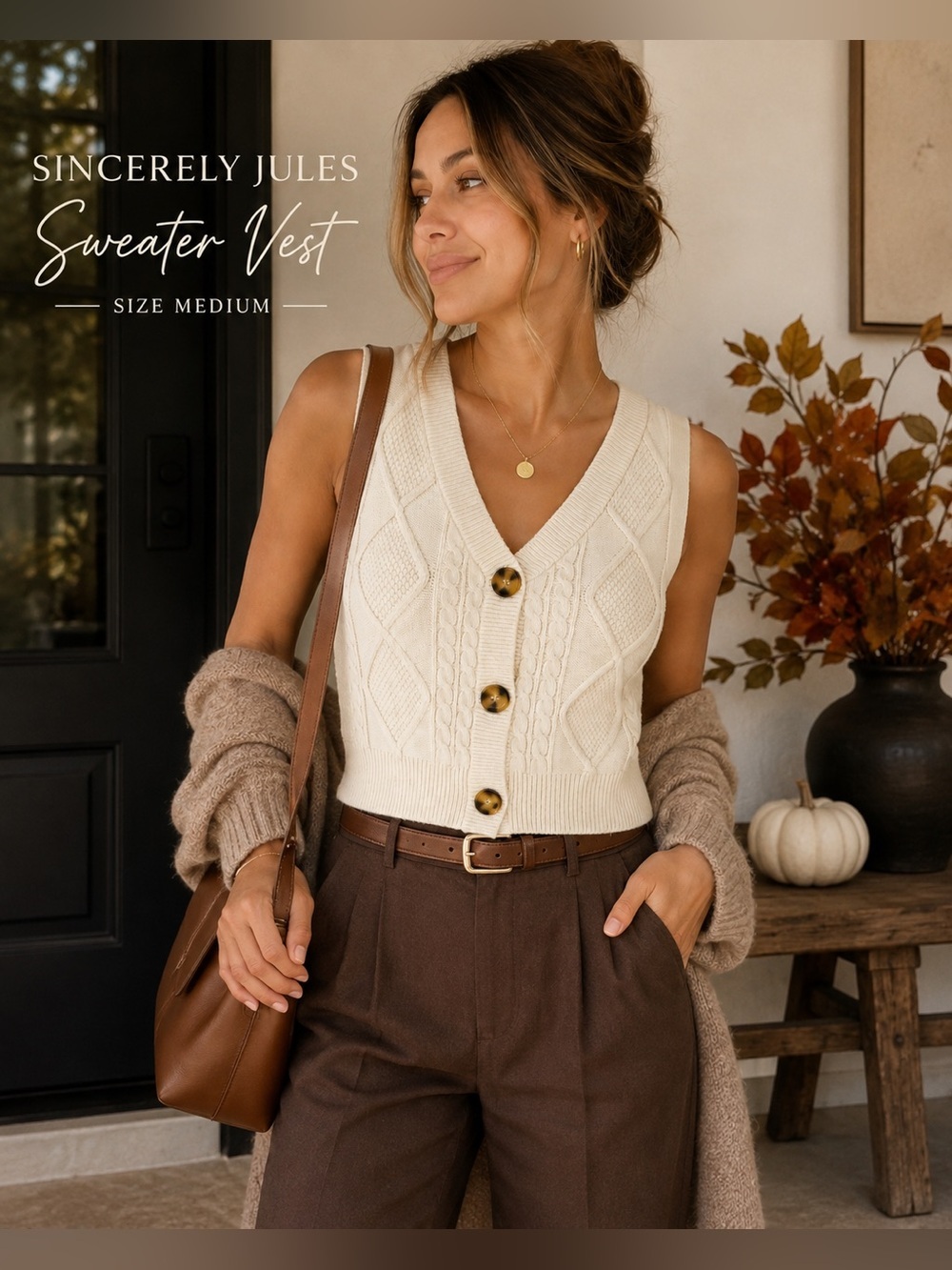 Sincerely Jules Cream Cable Knit Button Front Cropped Sweater Vest Size M